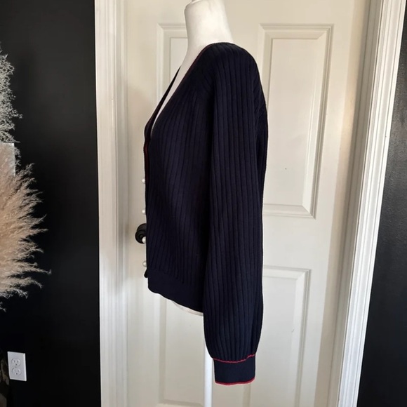 NWT Talbots V-Neck Ribbed Pearl button Cardigan Tipped Navy with Red
Size Large - Picture 6 of 12